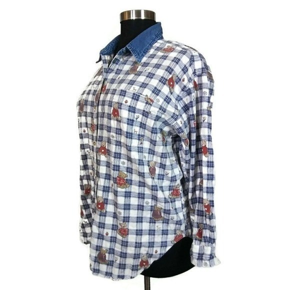 Button Down Plaid Bear Print 100% Cotton Blouse Woman's Sz 22 - Picture 3 of 6